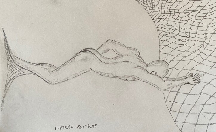 Merman swimming blindly into fishing net - drawing in pencil