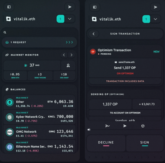Interface preview of Frame wallet showing ETH balances and a transaction being signed on Optimism network