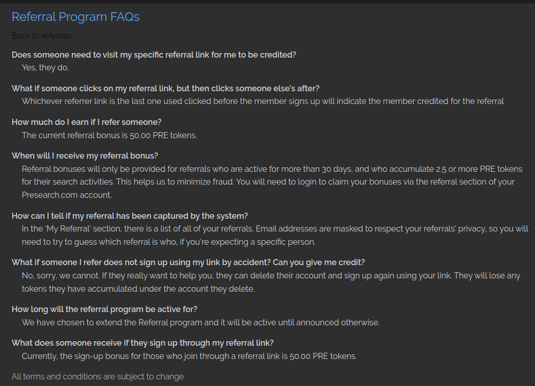 presearch referrals FAQ