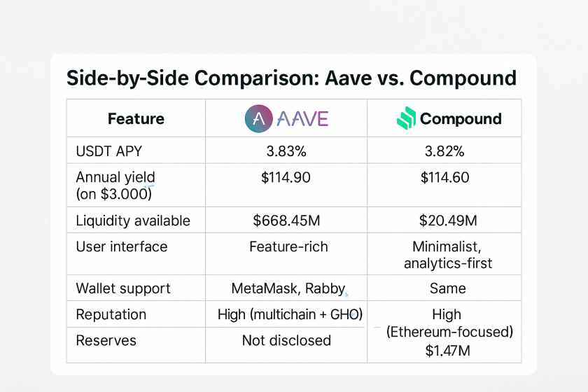 Comparison table of Aave vs Compound yield farming features for USDT in 2025, including APY, liquidity, user interface, and reputation.