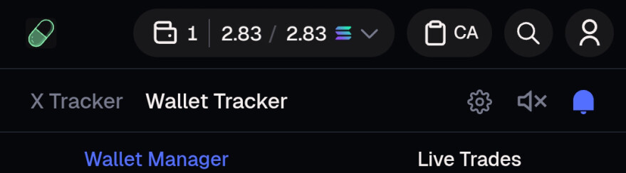 A view of the Wallet Tracker dashboard showcasing grouped wallets within the Wallet Manager. The image also shows the Live Trades trades tab, which displays the activity of the wallets you are tracking.