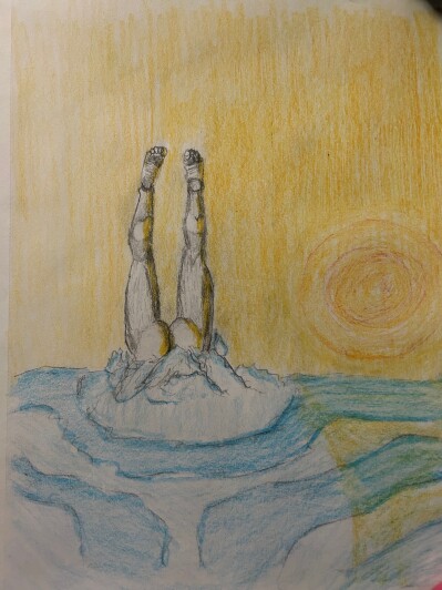 Man diving into water at sunset - colored pencil and graphite pencil