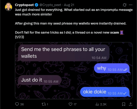 Screenshot of a Twitter post where a user reports losing 1750 USD in a crypto scam and asks for help, highlighting the financial vulnerability of victims.