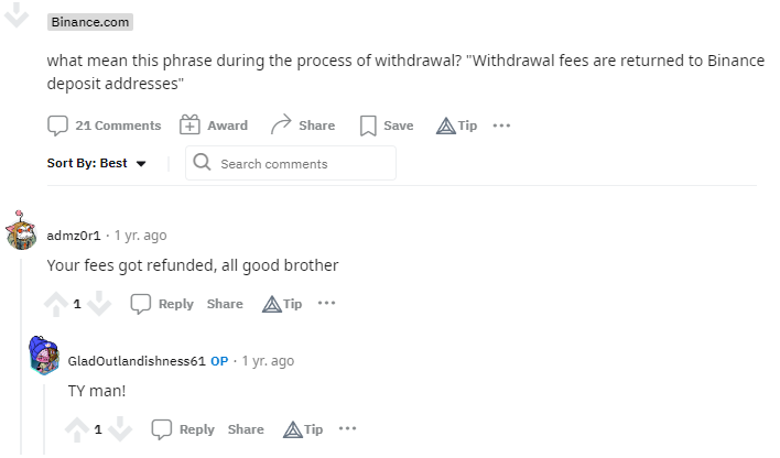Reddit thread on Binance fee