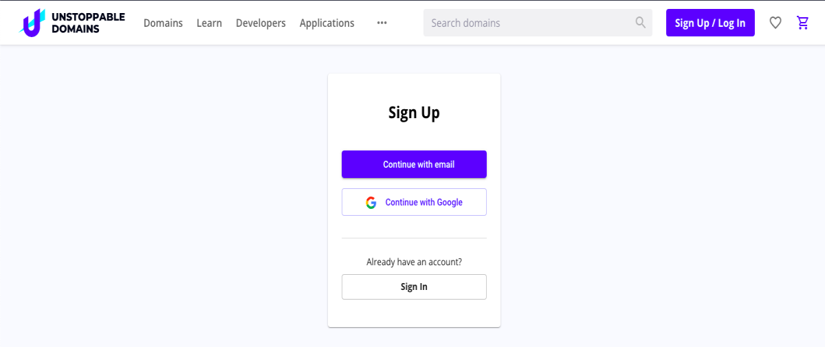 Unstoppable domains sign up page
