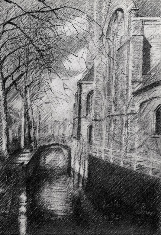 impressionist urban graphite pencil drawing