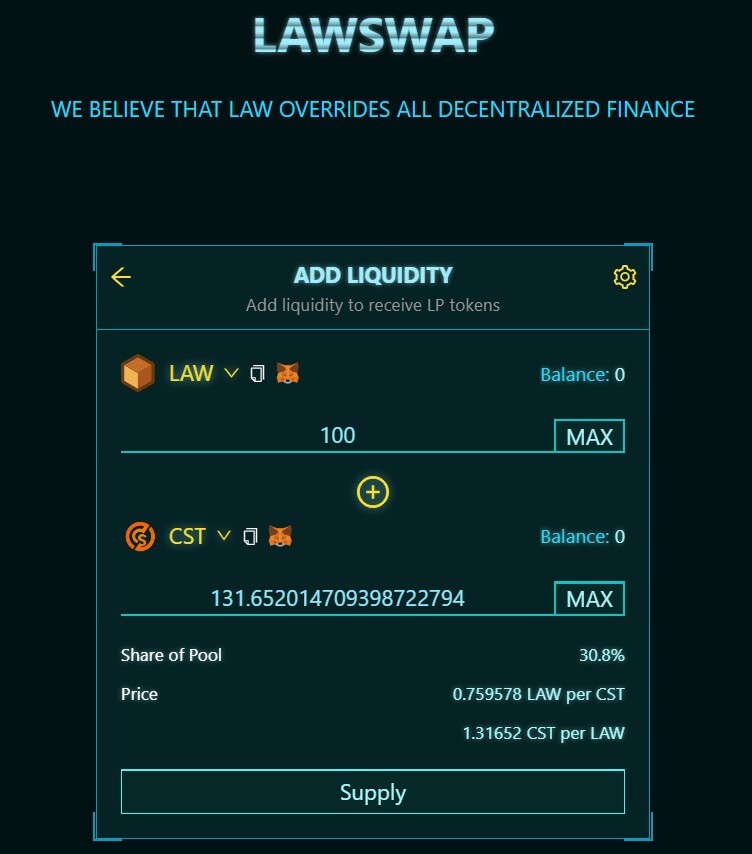 Adding liquidity into the LAW-CST pool