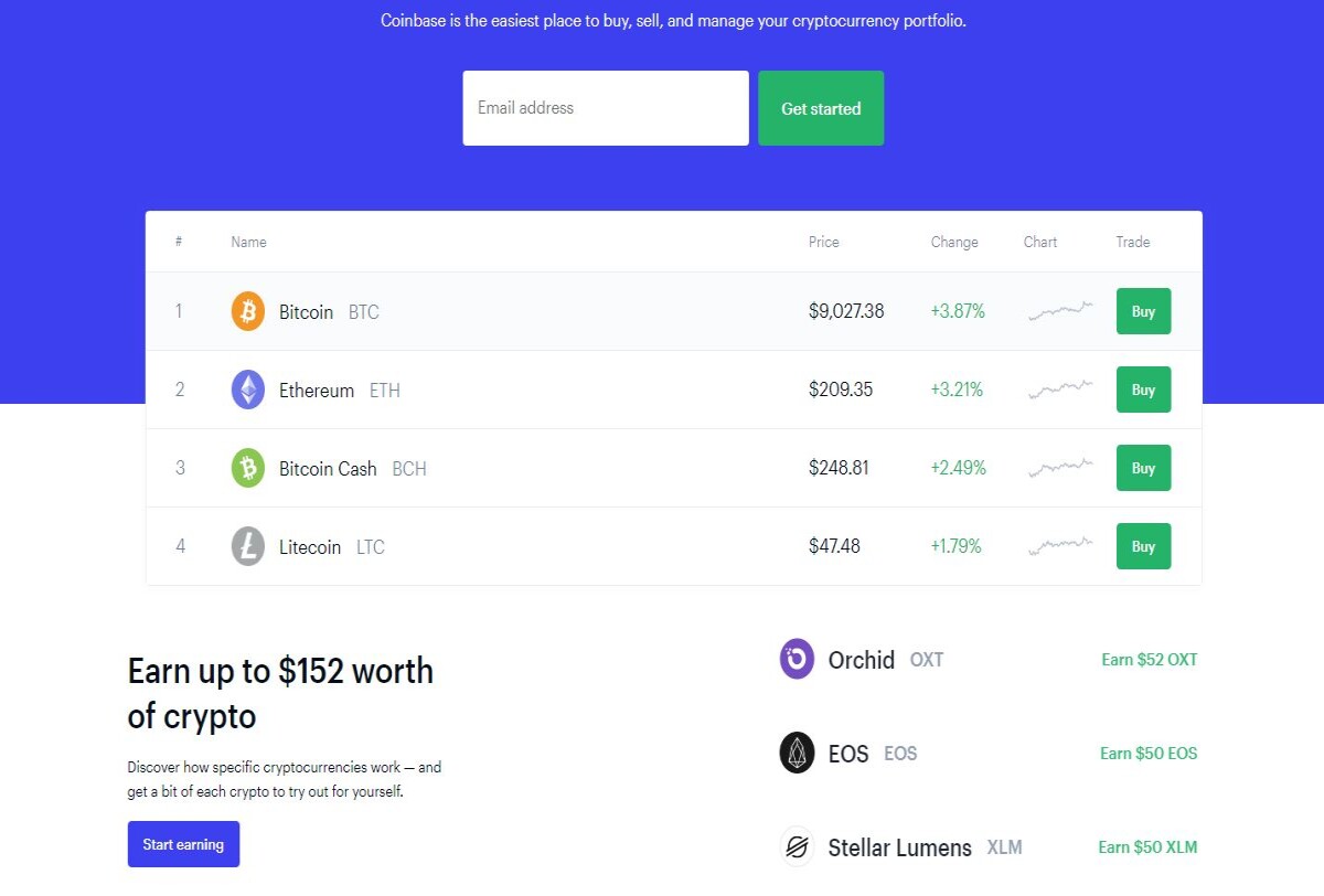 Homepage for coinbase.com