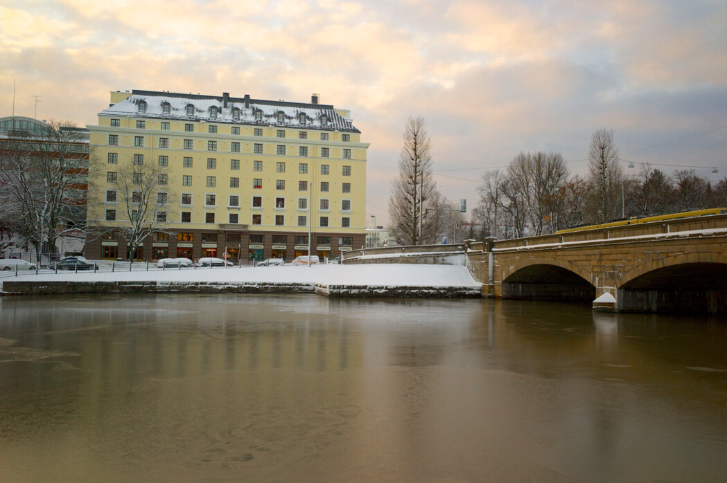 Yellow building in Helsinki in Winter.