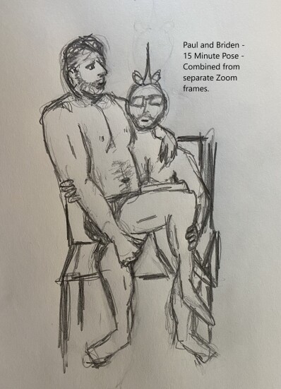 Man sitting on another man's lap - concatenated pencil sketch