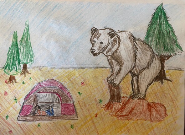 Very large bear looking at a tent, with oblivious camper - colored pencil