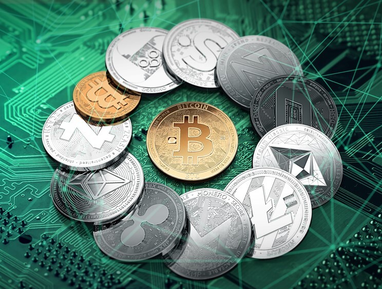 Depiction of crypto currencies as real coins