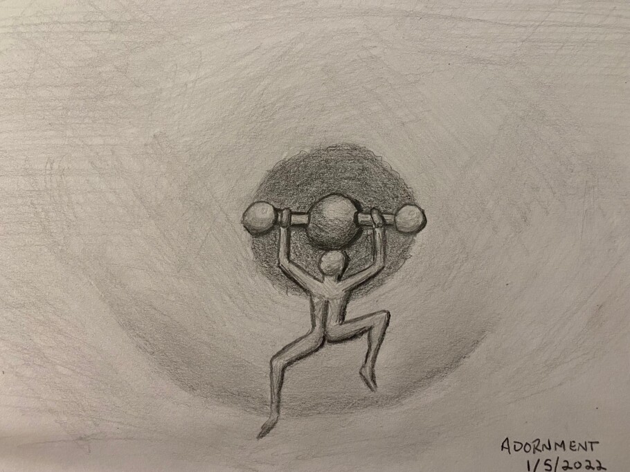 Nipple jewelry shaped like a rock climber - pencil sketch