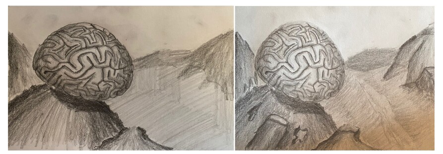Before and after drawing in pencil - undersea landscape with coral