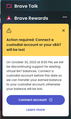 Action required notification from Brave browser on losing vBAT without a custodial account