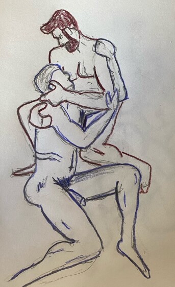 Ahmad and Joe posing romantically - 15 minute timed drawing, pencil with colored pencil outlining