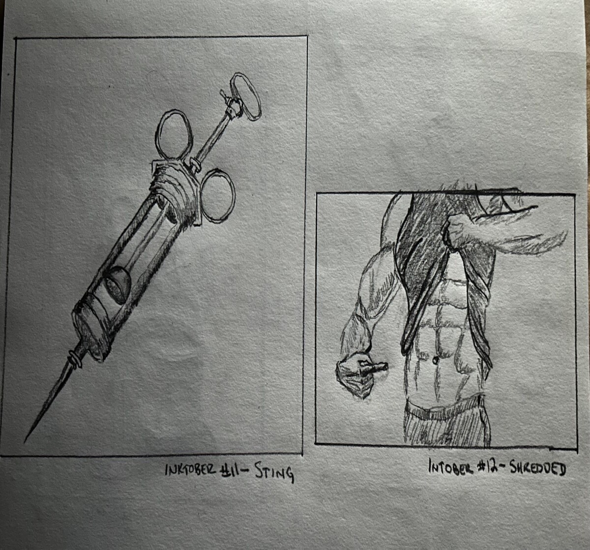 2 pencil sketches: vintage syringe, muscular man’s torso