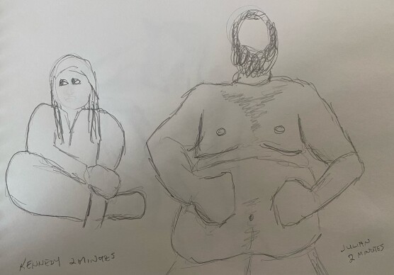 Two students posing: 2-minute timed pencil sketches