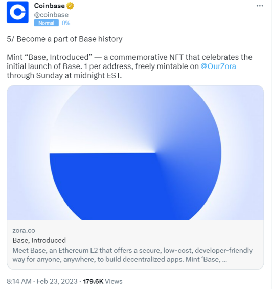 Coinbase tweet announcing free NFT.