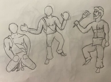 Briden in overalls, three poses - 2-minute timed pencil sketches