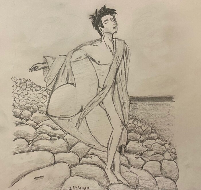 Man half-wrapped in a sarong, standing on stones by reservoir - drawing in pencil