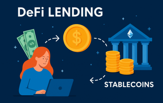 A flat digital illustration representing DeFi lending. A woman sits at a laptop on the left, sending money (symbolized by a dollar coin) to a blockchain-based financial platform on the right, marked with the Ethereum logo