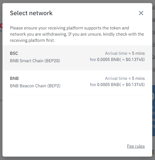 Binance withdrawal - select network