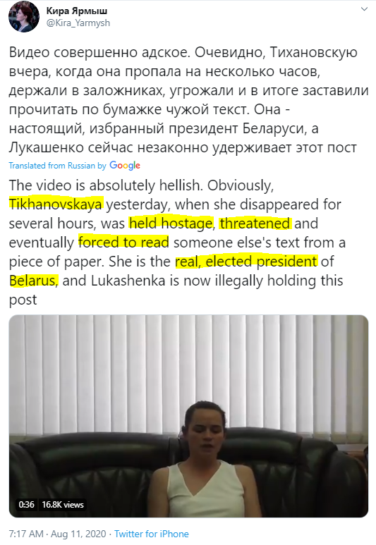 Tikhanovskaya forced to renounce her election win.