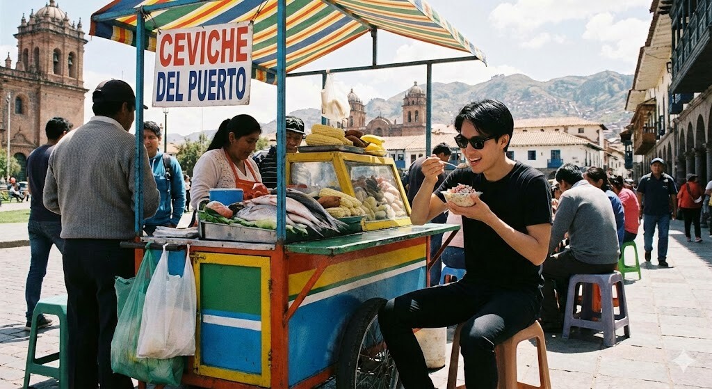 imagen that illustrates a young boy eating ceviche on the streets