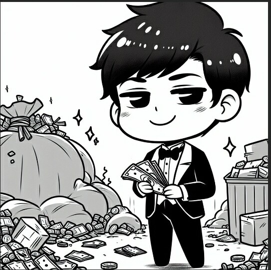 Happy boy in dump counting money