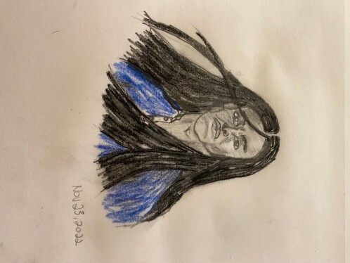 Long haired man in denim shirt - charcoal, graphite pencil, colored pencil