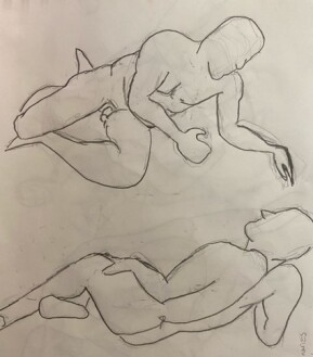 Paul reclining toward and away from view - 3-minute timed pencil sketches