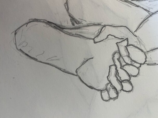Close up of foot with fingers and toes intertwined - pencil sketch