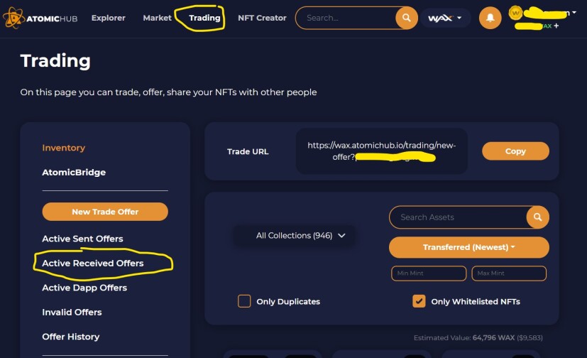 Trading in Wax on AtomicHub