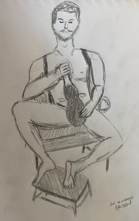 Man sitting with paddle in front of him - pencil sketch