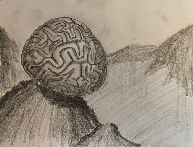 Brain-looking coral in seascape - drawing in pencil