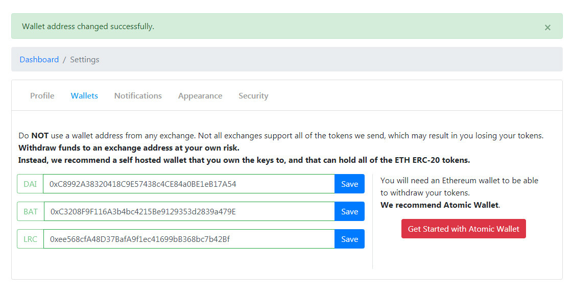individual addresses for each token