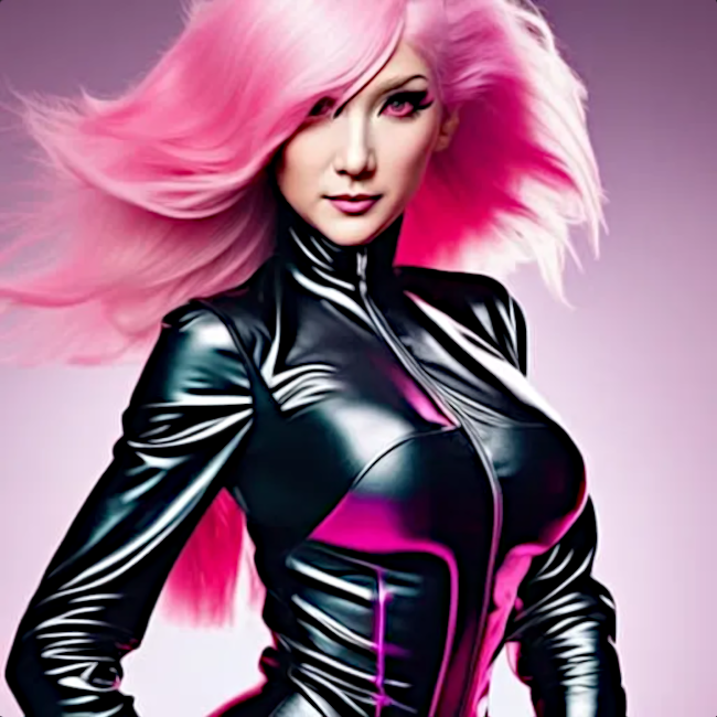 Pink-haired woman in a black latex jumpsuit (hyperreal setting)