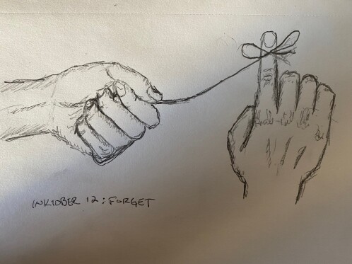 one hand pulling the string to undo a knot tied for remembrance around the finger of another hand - pencil