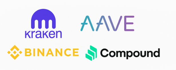 ilustracion de logos de binance, aaave, compound, kraken del ecosistema cefi y defi