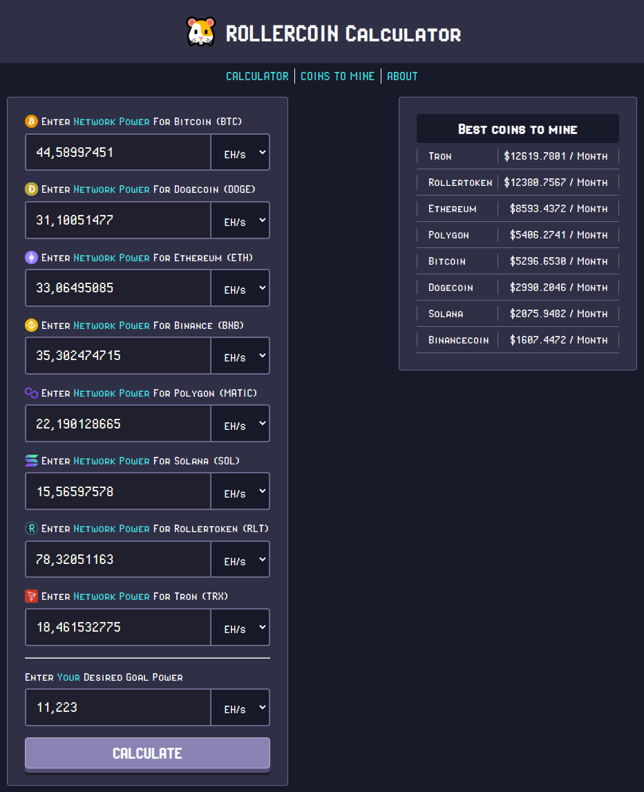 RollerCoin Calculator - Top Miner 50%