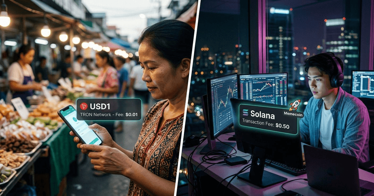 Split-panel photo comparing micro-payments via TRON in an Asian market with high-speed token trading via Solana in an office.