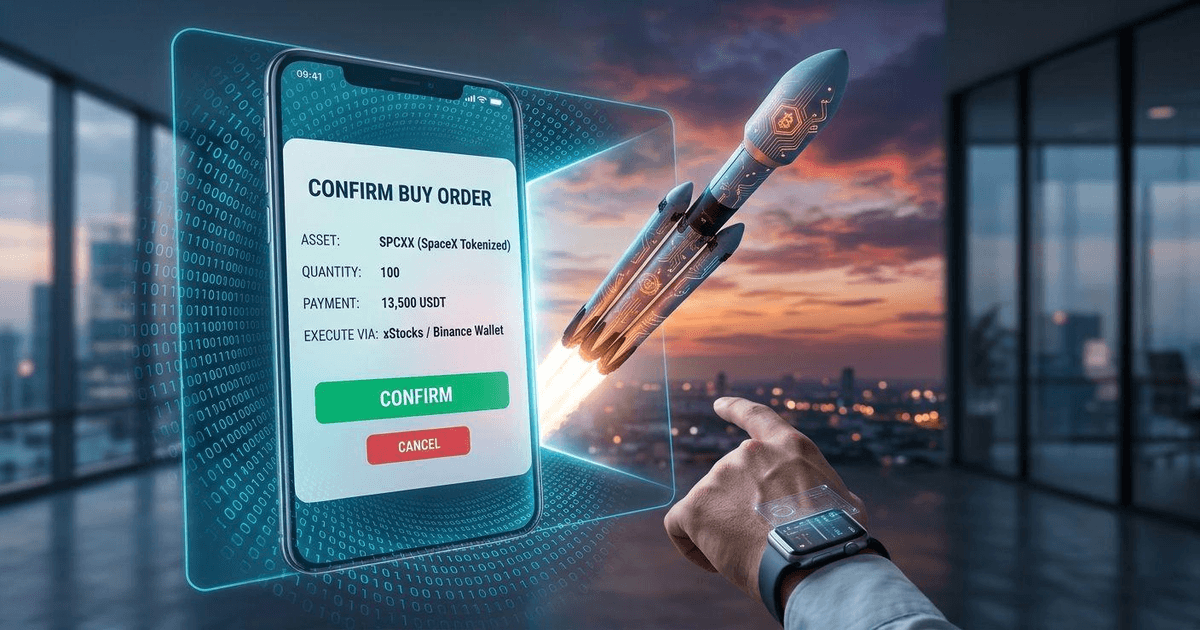 A mobile interface executing a tokenized SPCXX SpaceX stock buy order with an ascending rocket background.
