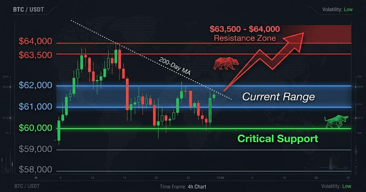Crypto chart showing bitcoin technical support and resistance key levels.