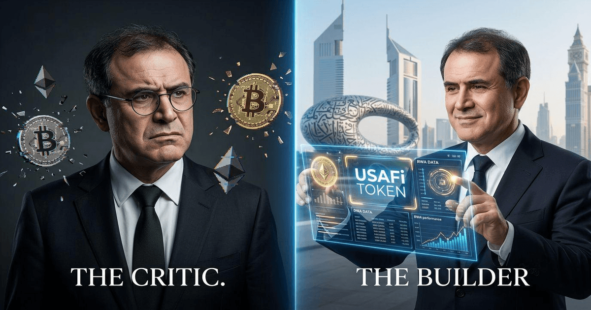 Text: Split-screen editorial image contrasting Nouriel Roubini as a crypto critic versus an institutional digital asset builder in Dubai.