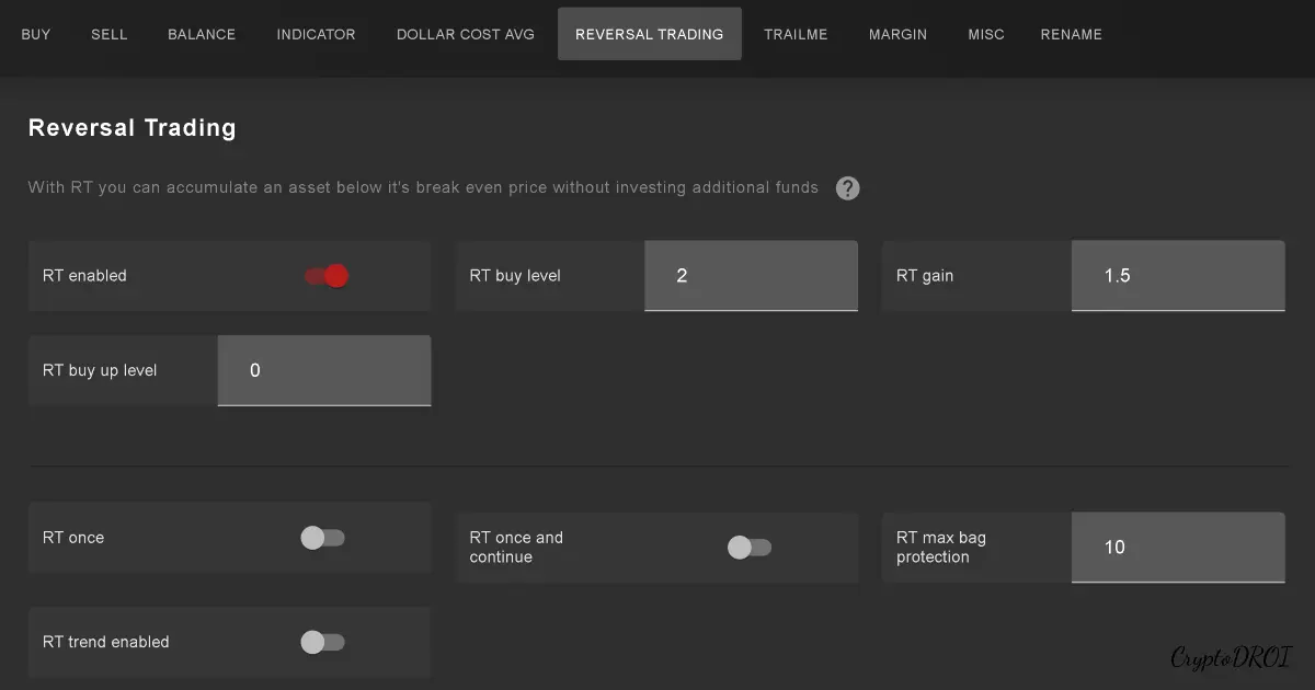 Gunbot GUI Reversal Trading (RT) Settings