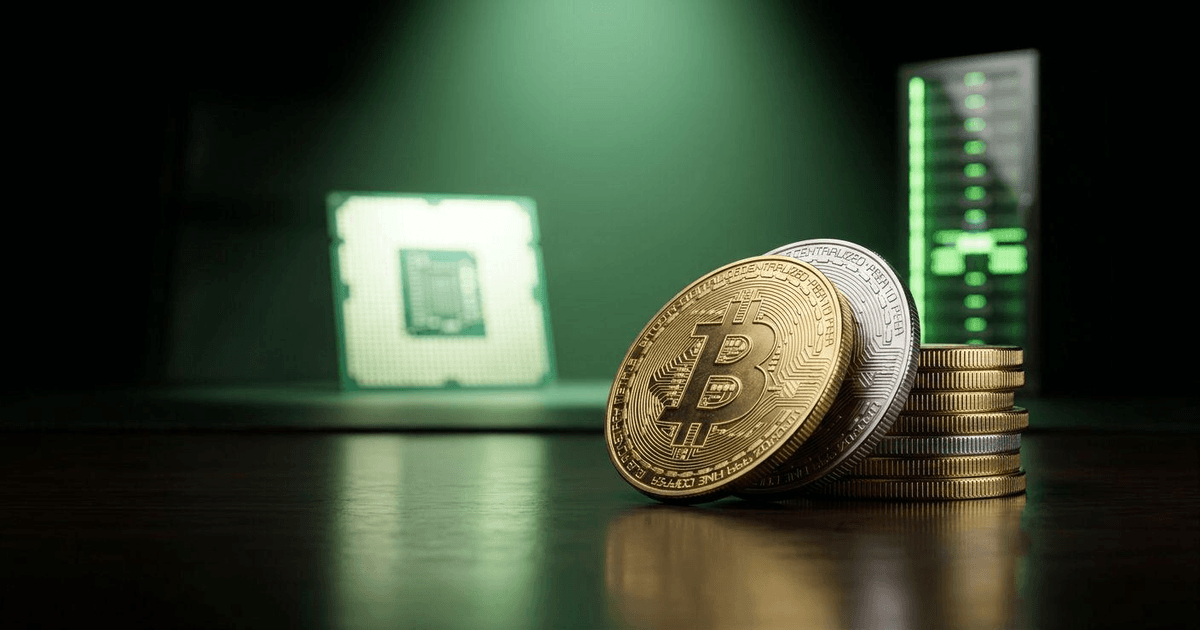 Physical Bitcoin coins stacked in the foreground with a glowing green semiconductor chip in the background.