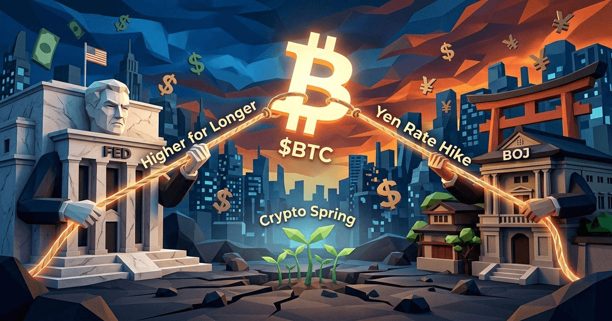 Low-poly 3D illustration of FED and BOJ pulling a Bitcoin symbol with ropes.