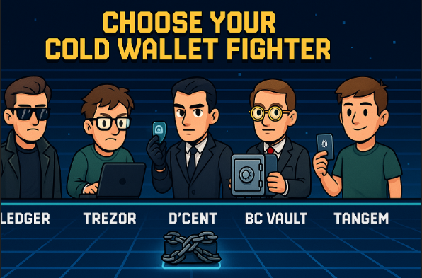 Cartoon-style image of five avatar characters representing cold wallets Ledger, Trezor, D’Cent, BC Vault, and Tangem in a PvP fighter game setting with text 'Choose Your Cold Wallet Fighter