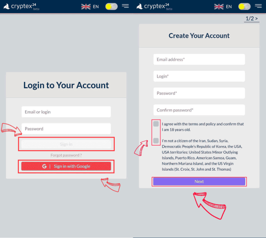 Registration and Login in Crytex24